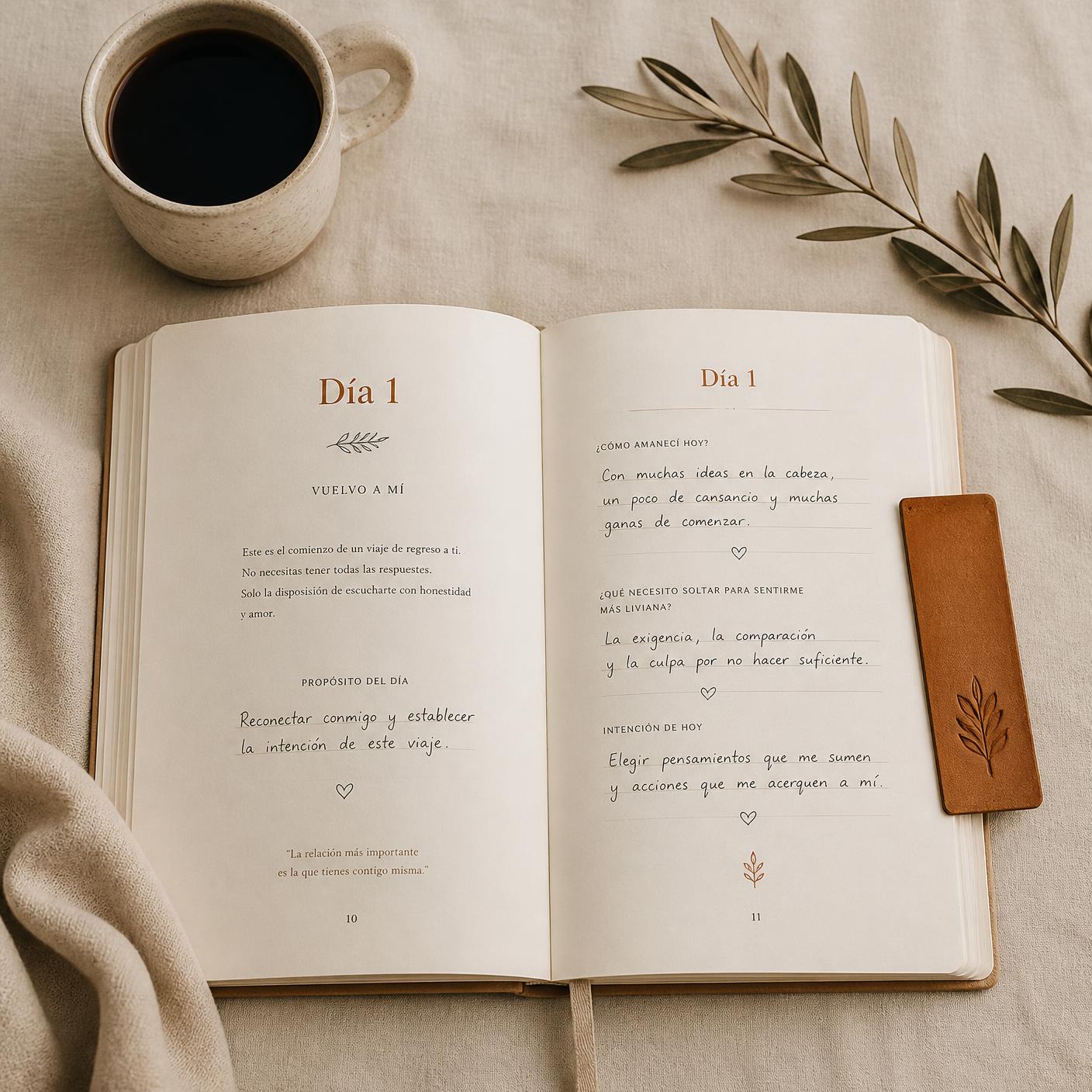 Cuaderno Del Culto al Encuentro abierto en el Día 1 sobre una mesa con luz cálida